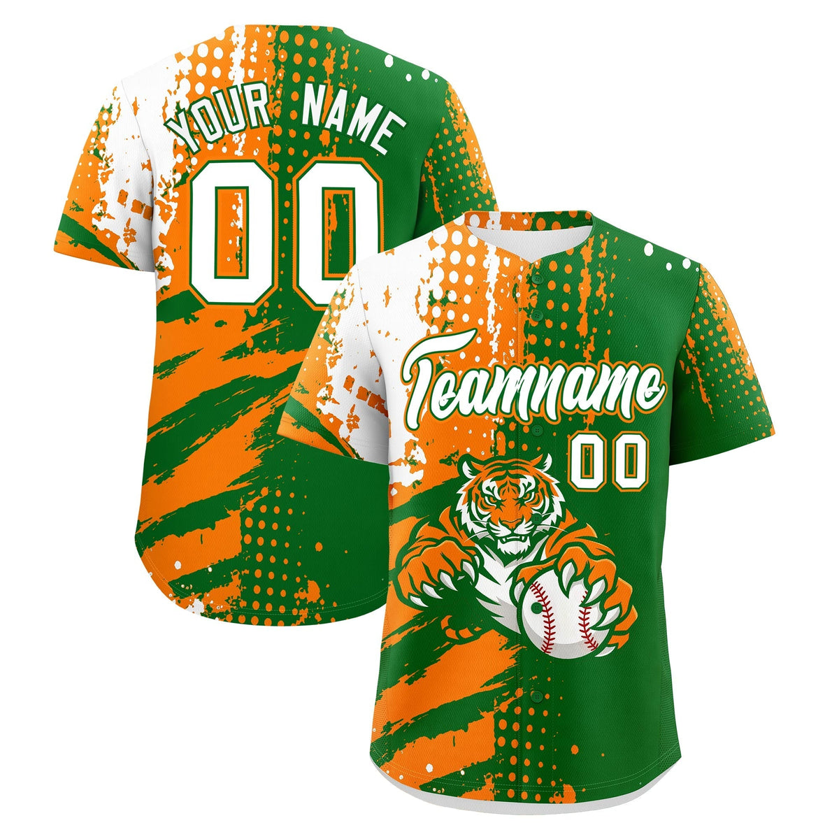 Custom Kelly Green Orange White Full-Snap Graffiti Pattern Tiger Graffiti Jersey Baseball Jersey| KXKSHOP