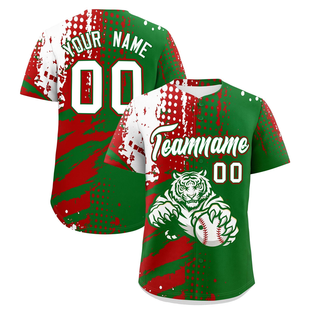 Custom Kelly Green Red White Full-Snap Graffiti Pattern Tiger Graffiti Jersey Baseball Jersey| KXKSHOP