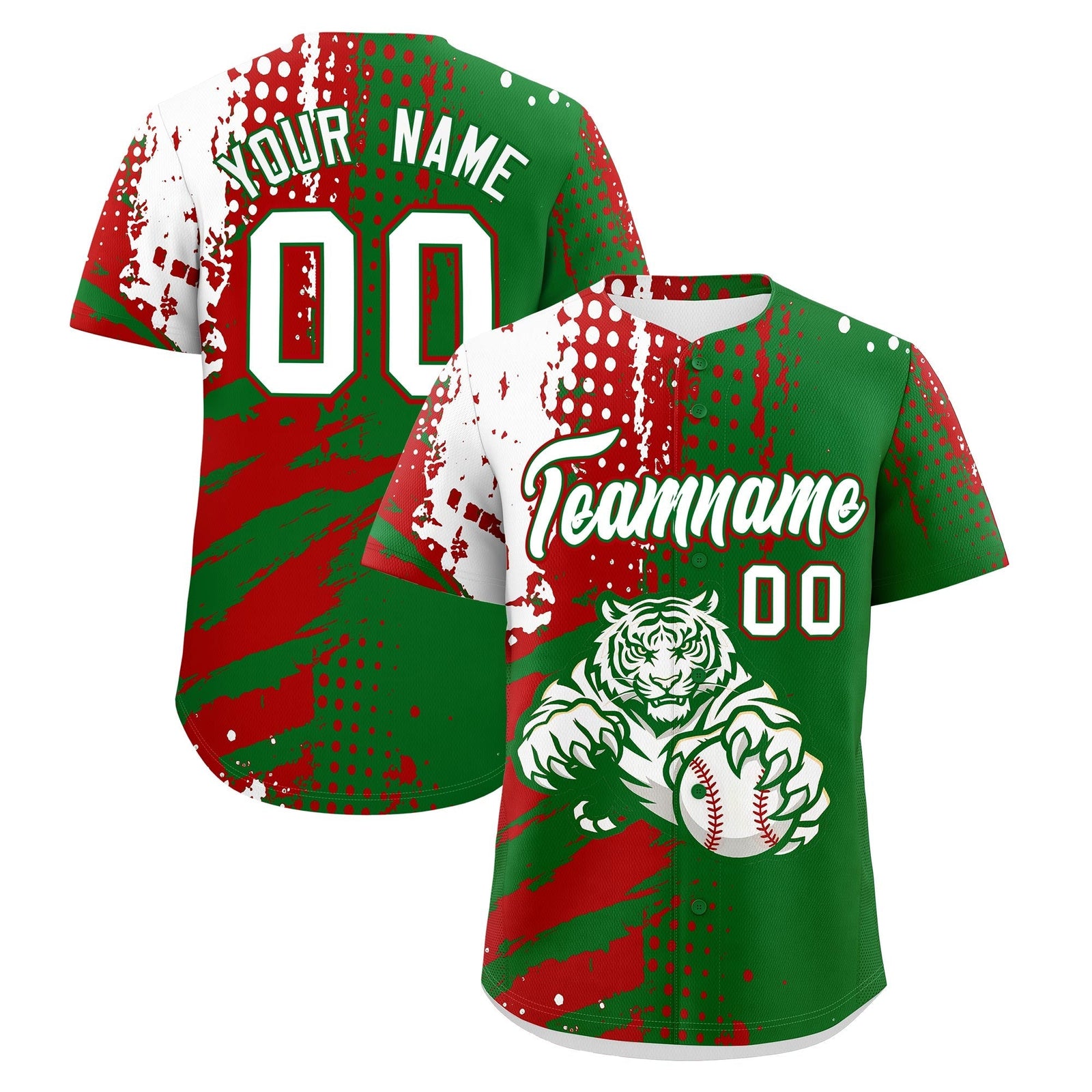 Custom Kelly Green Red White Full-Snap Graffiti Pattern Tiger Graffiti Jersey Baseball Jersey| KXKSHOP