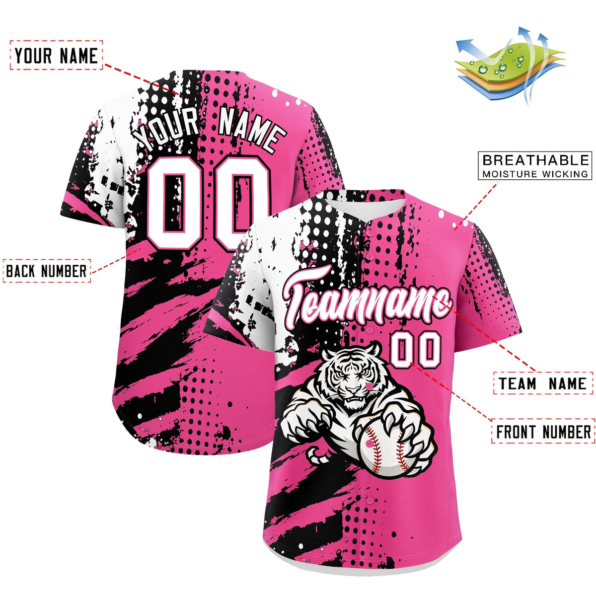 Custom Pink Black White Full-Snap Graffiti Pattern Tiger Graffiti Jersey Baseball Jersey| KXKSHOP