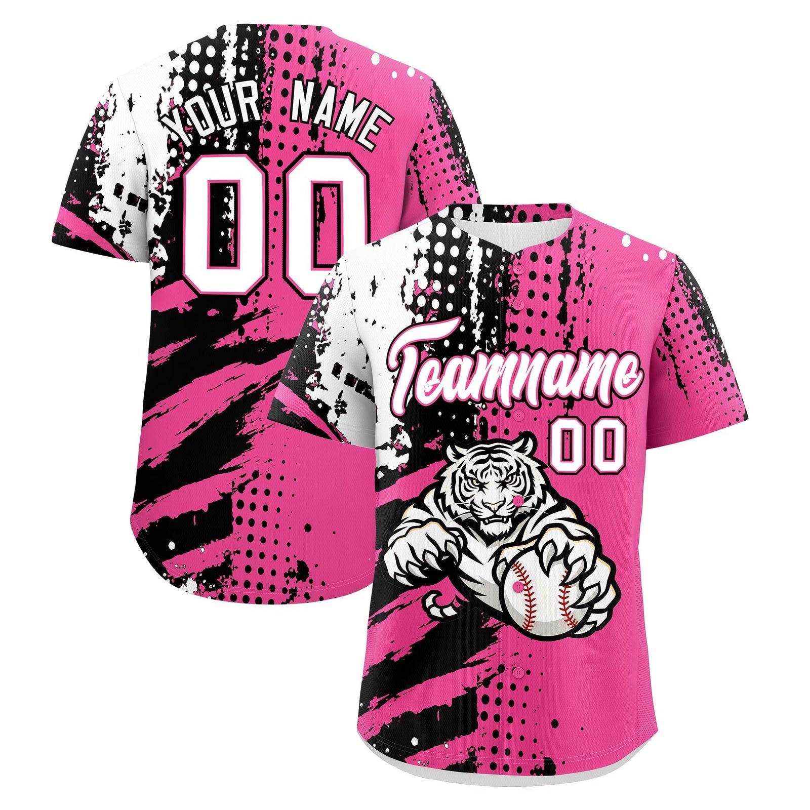 Custom Pink Black White Full-Snap Graffiti Pattern Tiger Graffiti Jersey Baseball Jersey| KXKSHOP