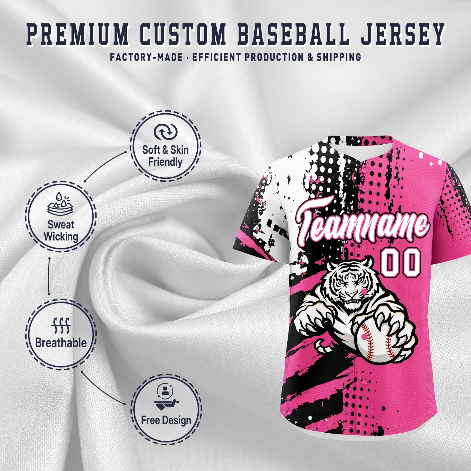 Custom Pink Black White Full-Snap Graffiti Pattern Tiger Graffiti Jersey Baseball Jersey| KXKSHOP