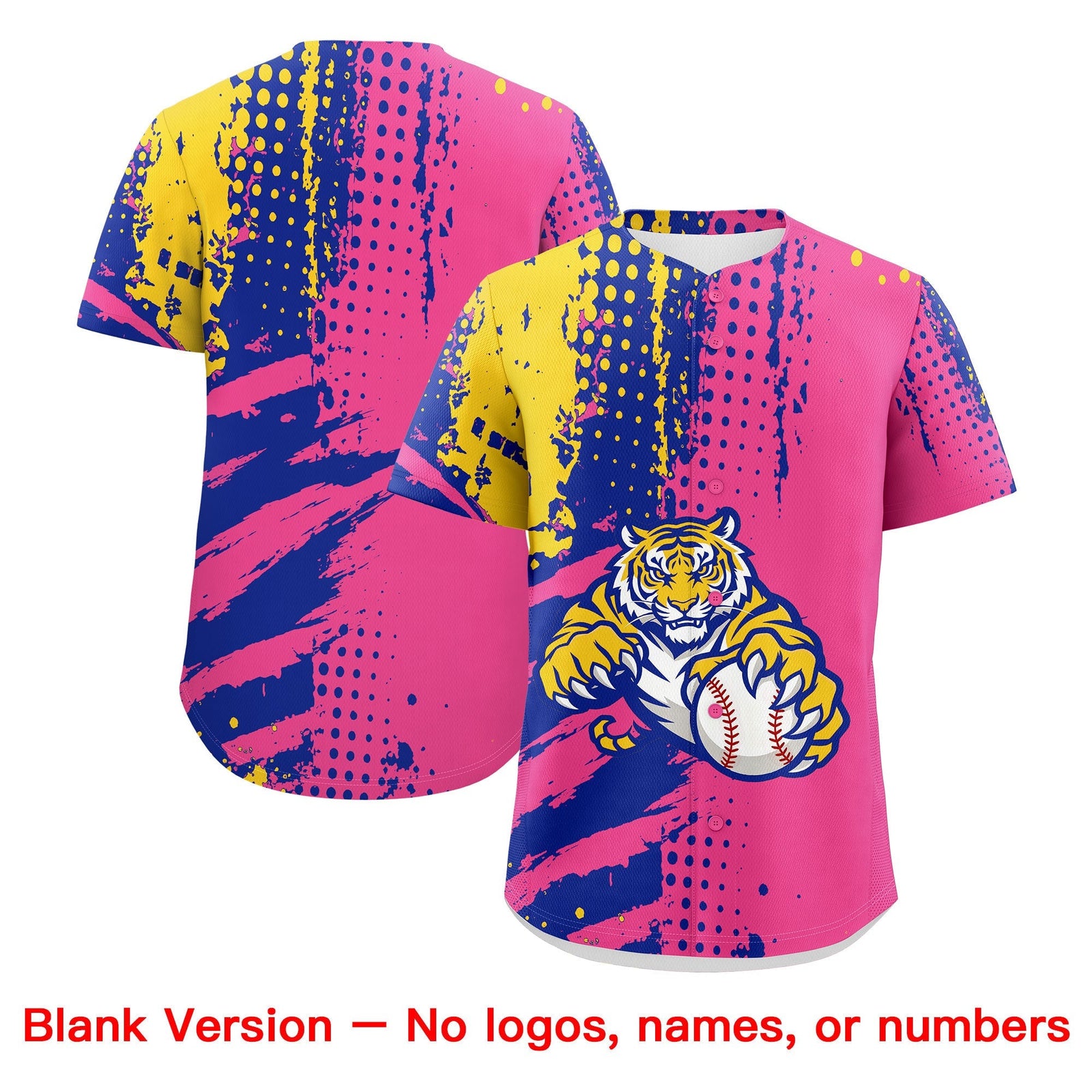 Custom Pink Royal Blue Gold Full-Snap Graffiti Pattern Tiger Graffiti Jersey Baseball Jersey| KXKSHOP
