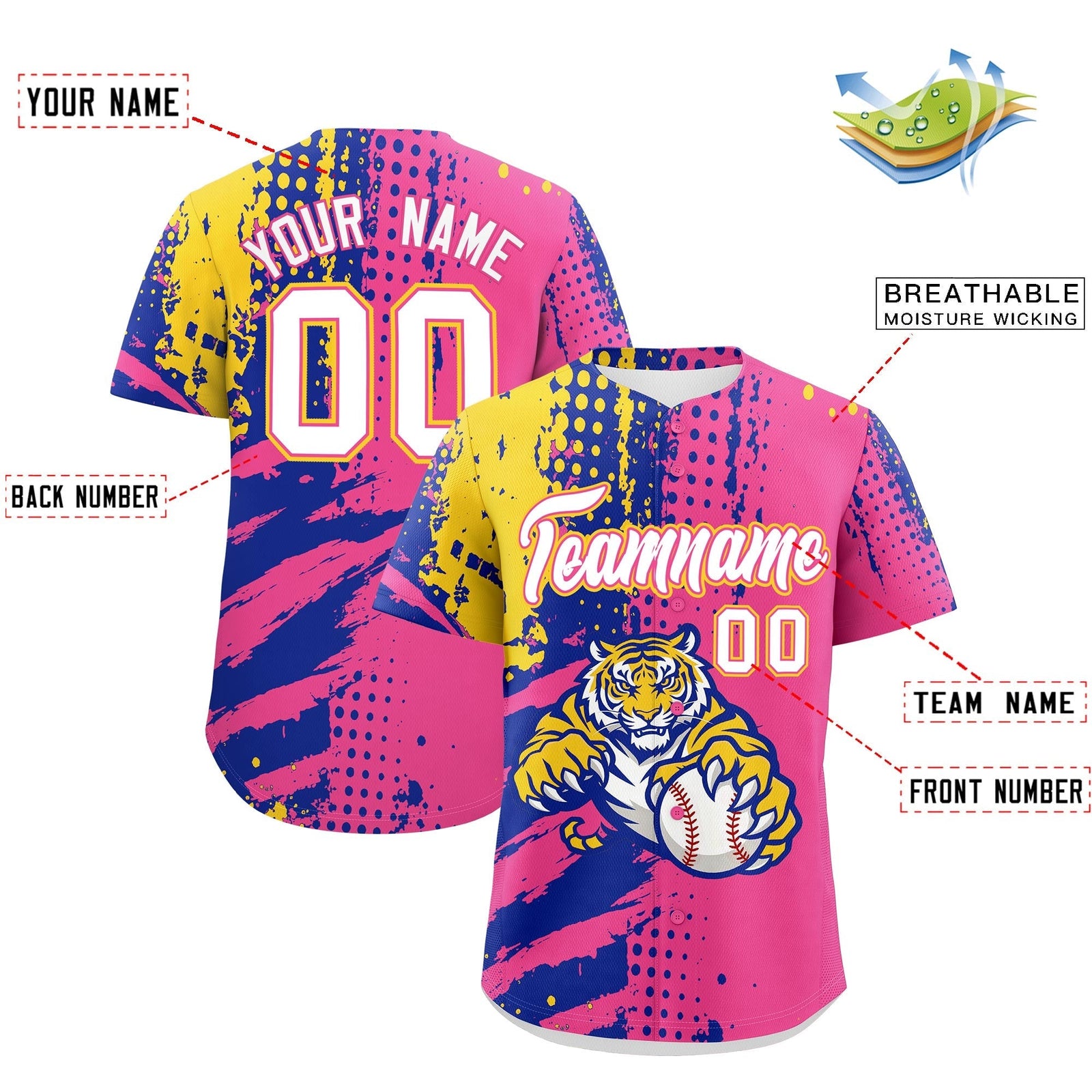 Custom Pink Royal Blue Gold Full-Snap Graffiti Pattern Tiger Graffiti Jersey Baseball Jersey| KXKSHOP