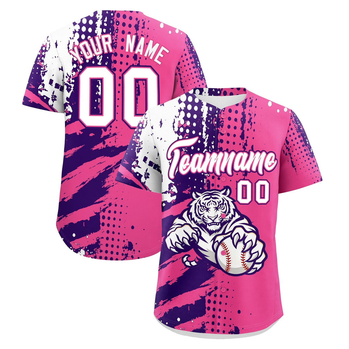 Custom Pink Purple White Full-Snap Graffiti Pattern Tiger Graffiti Jersey Baseball Jersey| KXKSHOP