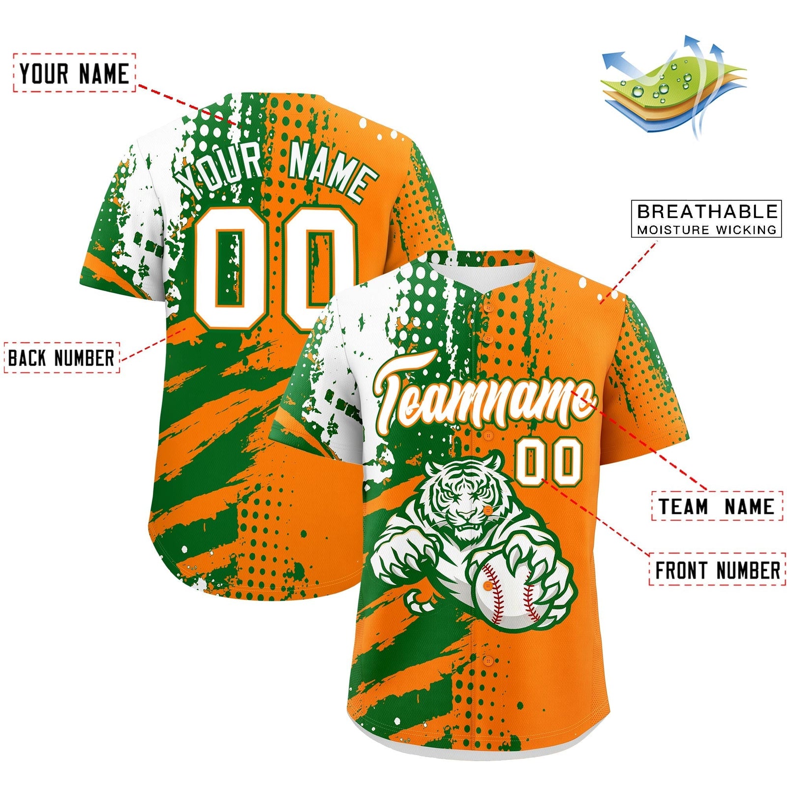 Custom Orange Kelly Green White Full-Snap Graffiti Pattern Tiger Graffiti Jersey Baseball Jersey| KXKSHOP