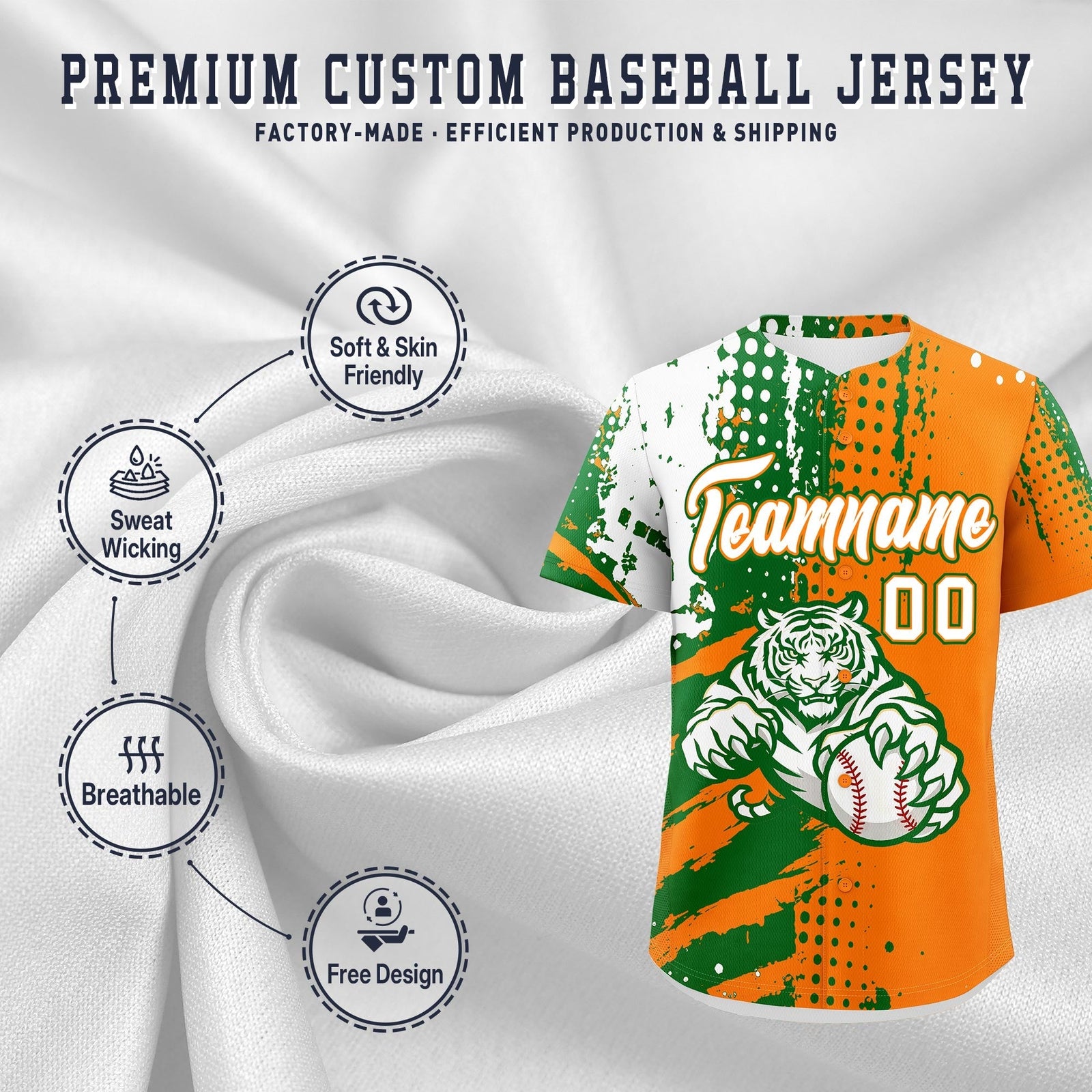 Custom Orange Kelly Green White Full-Snap Graffiti Pattern Tiger Graffiti Jersey Baseball Jersey| KXKSHOP