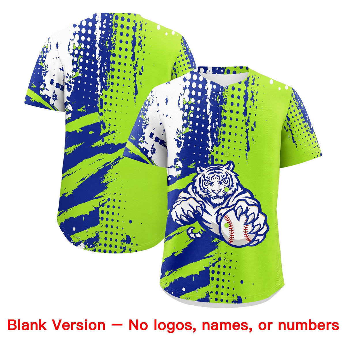 Custom Royal Blue Neon Green White Full-Snap Graffiti Pattern Tiger Graffiti Jersey Baseball Jersey| KXKSHOP
