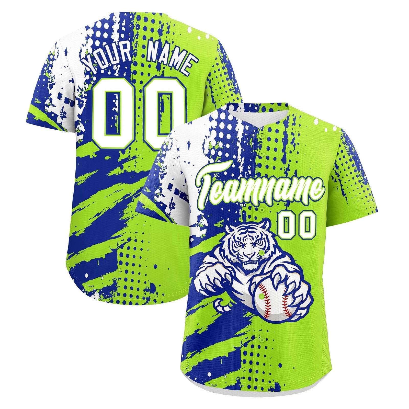 Custom Royal Blue Neon Green White Full-Snap Graffiti Pattern Tiger Graffiti Jersey Baseball Jersey| KXKSHOP