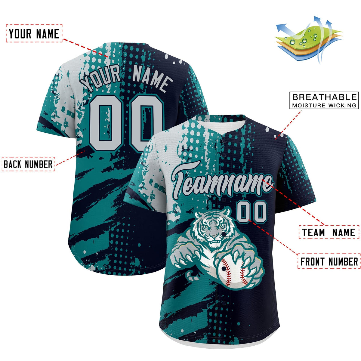 Custom Navy Teal Silver Full-Snap Graffiti Pattern Tiger Graffiti Jersey Baseball Jersey| KXKSHOP