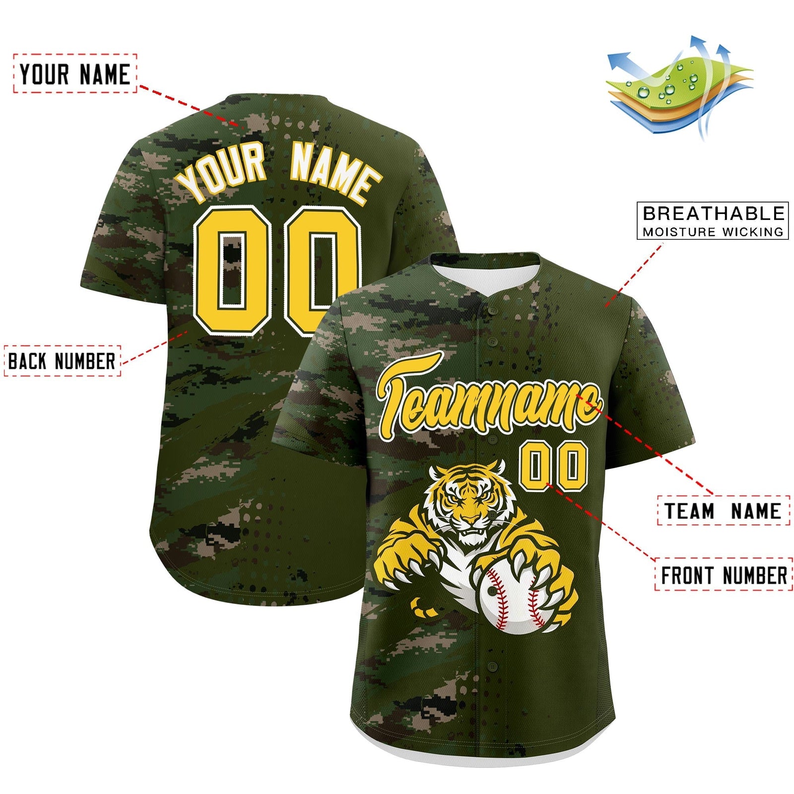 Custom Olive Camo Gold Full-Snap Graffiti Pattern Tiger Graffiti Jersey Baseball Jersey| KXKSHOP