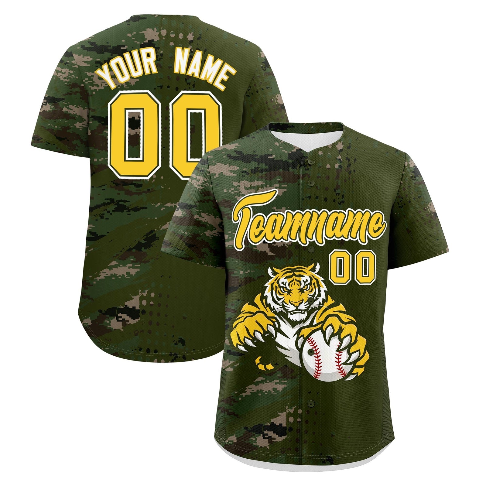 Custom Olive Camo Gold Full-Snap Graffiti Pattern Tiger Graffiti Jersey Baseball Jersey| KXKSHOP