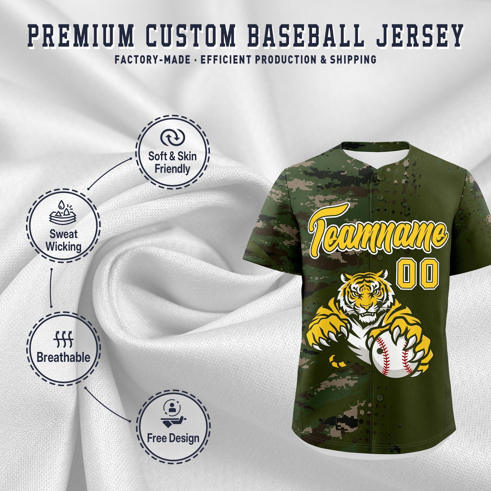 Custom Olive Camo Gold Full-Snap Graffiti Pattern Tiger Graffiti Jersey Baseball Jersey| KXKSHOP