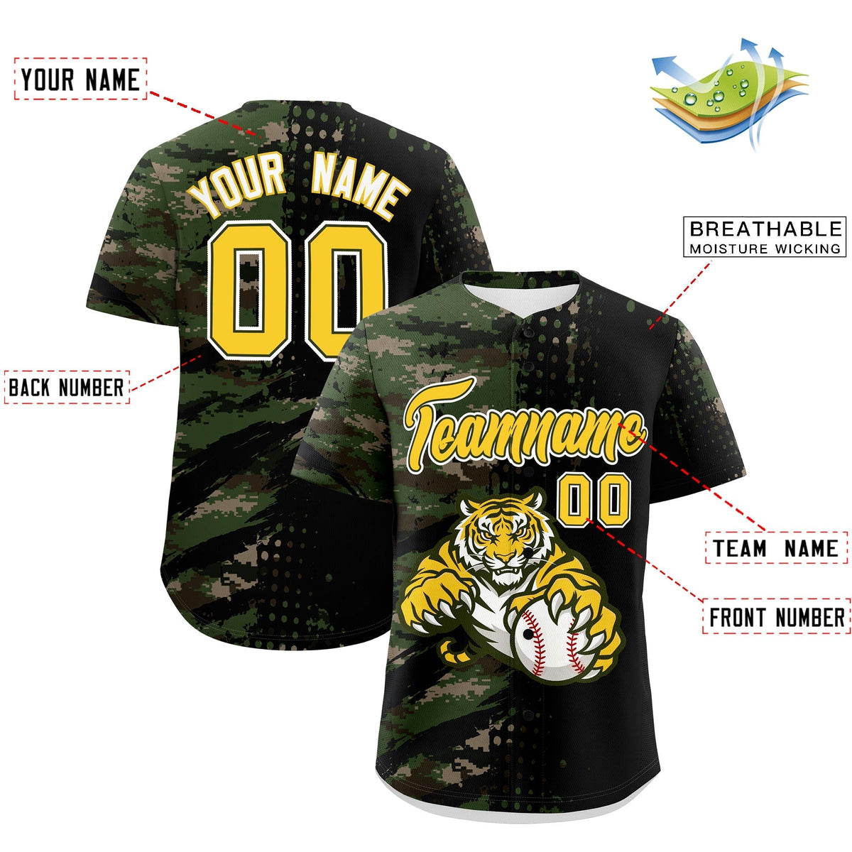 Custom Camo Black Gold Full-Snap Graffiti Pattern Tiger Graffiti Jersey Baseball Jersey| KXKSHOP