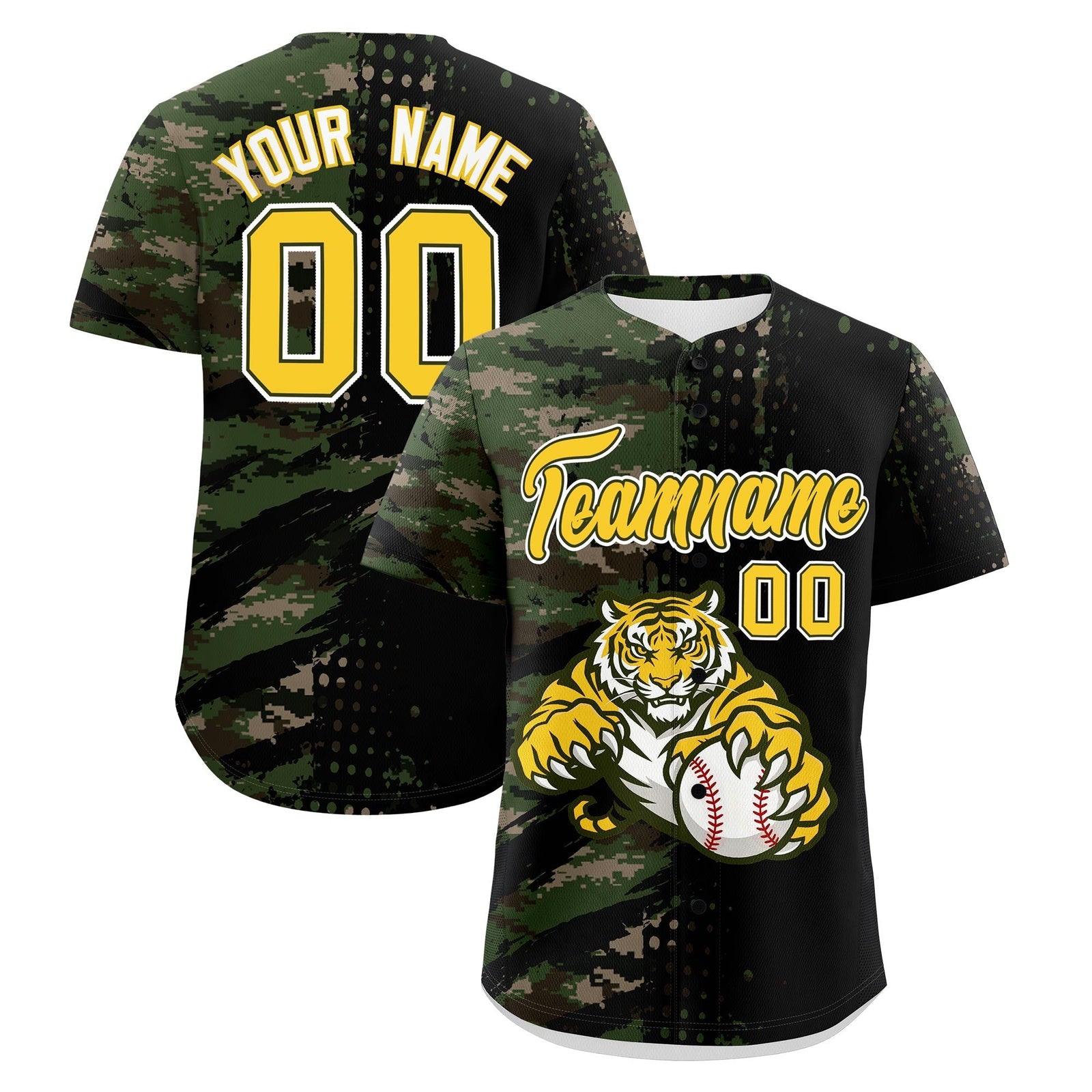 Custom Camo Black Gold Full-Snap Graffiti Pattern Tiger Graffiti Jersey Baseball Jersey| KXKSHOP