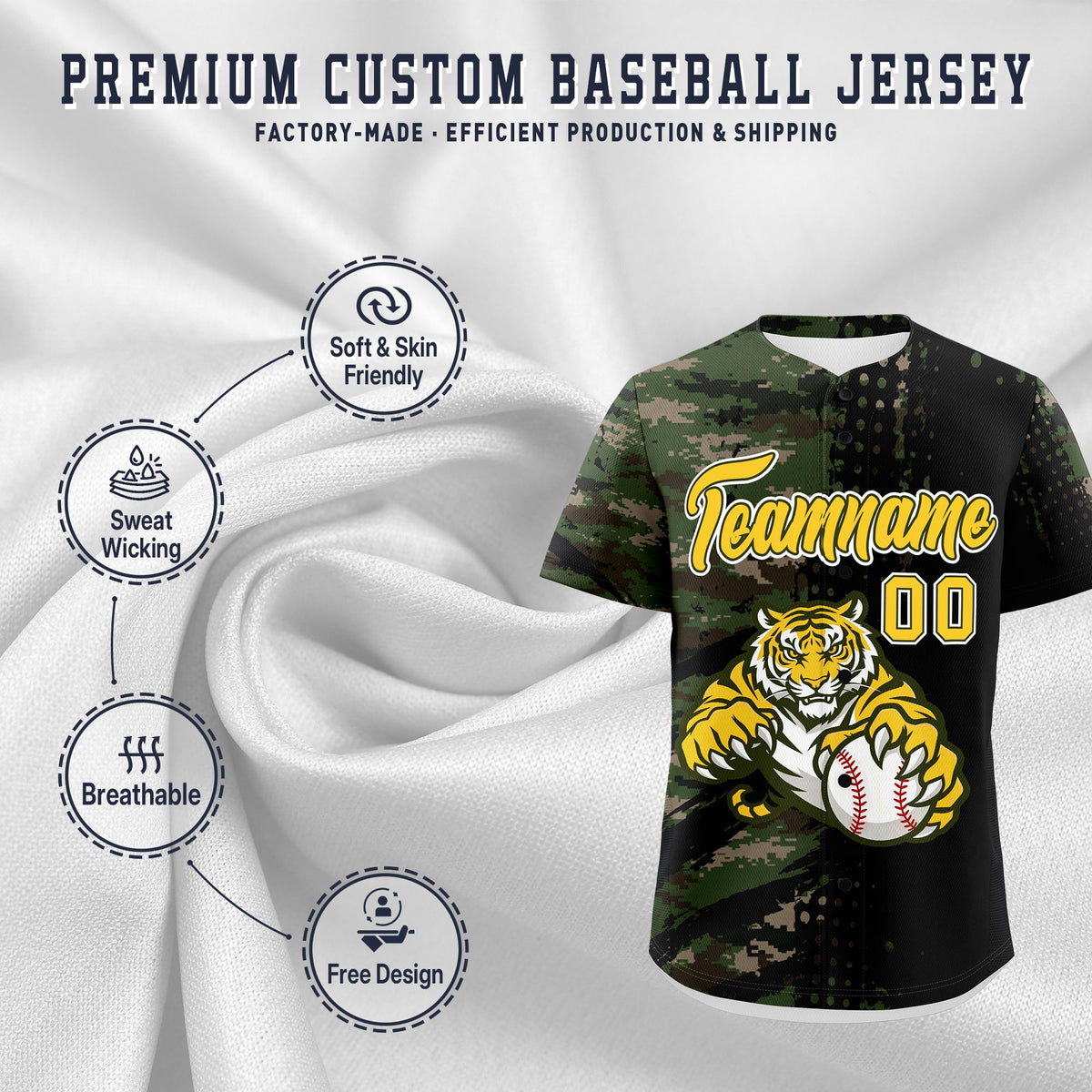Custom Camo Black Gold Full-Snap Graffiti Pattern Tiger Graffiti Jersey Baseball Jersey| KXKSHOP