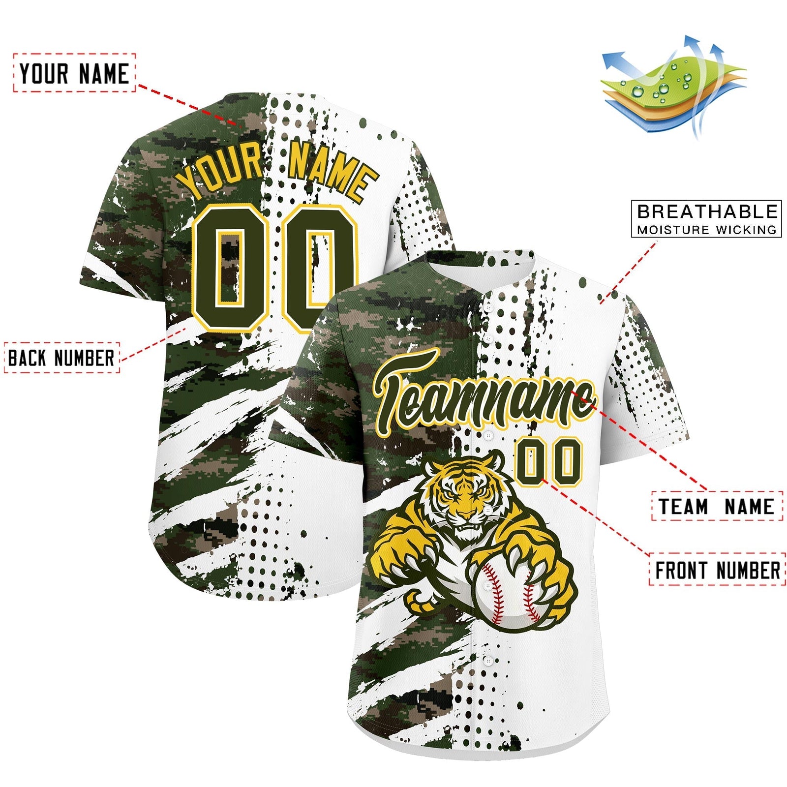 Custom White Camo Olive Full-Snap Graffiti Pattern Tiger Graffiti Jersey Baseball Jersey| KXKSHOP