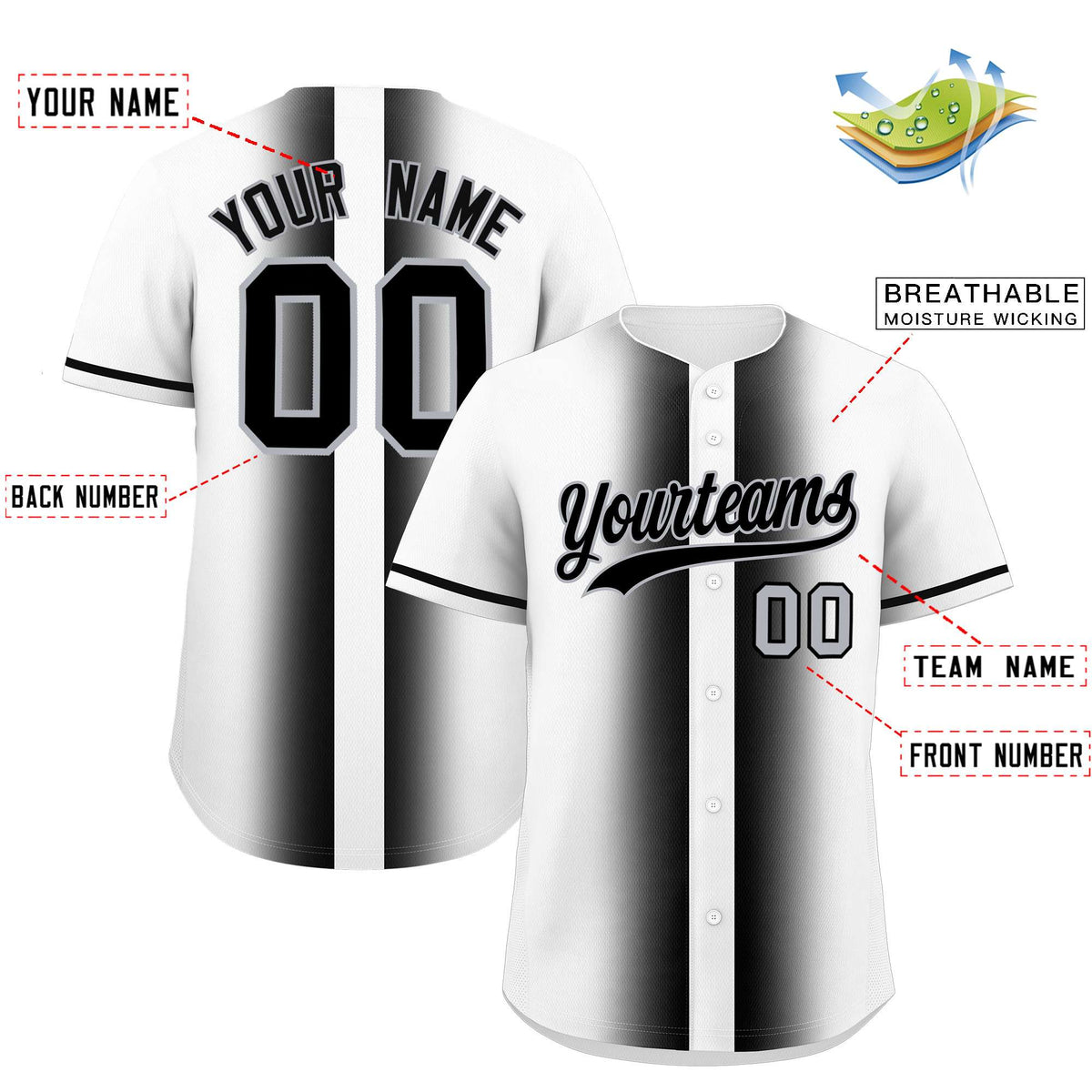 Custom White Black Lapel Gradient Fashion Authentic Baseball Jersey
