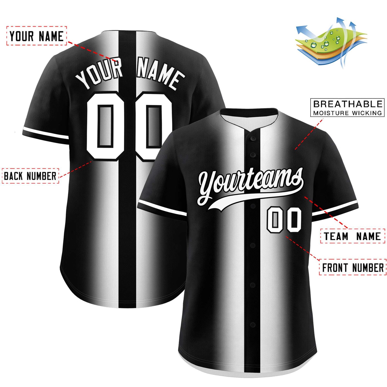 Custom Black White Lapel Gradient Fashion Authentic Baseball Jersey