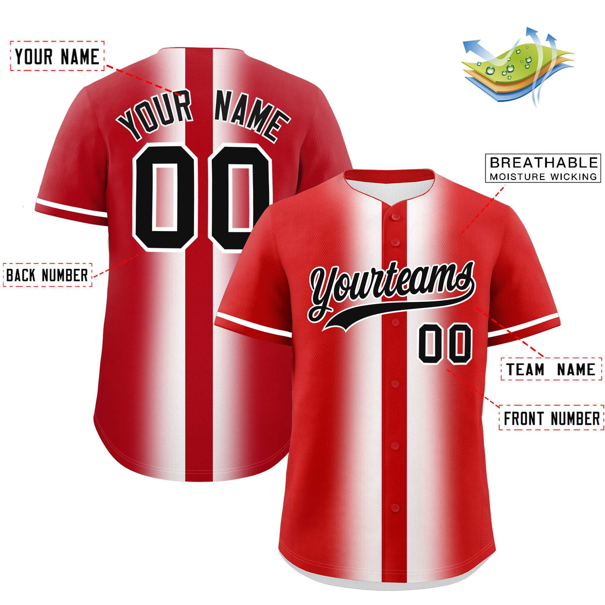 Custom Red White Lapel Gradient Fashion Authentic Baseball Jersey