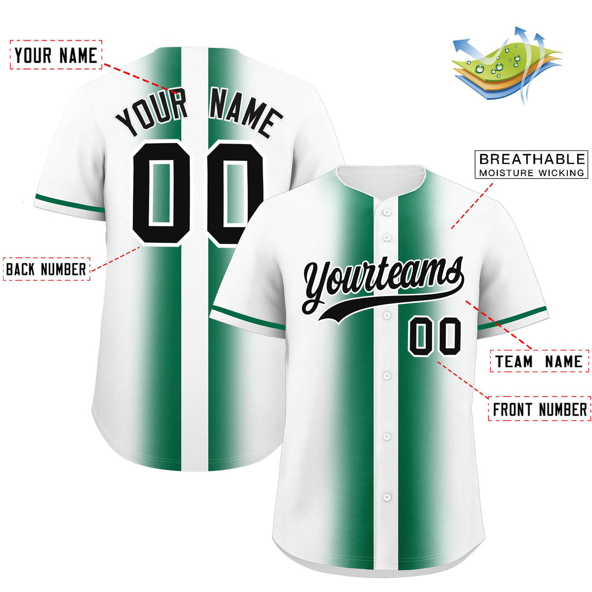 Custom White Kelly Green Lapel Gradient Fashion Authentic Baseball Jersey