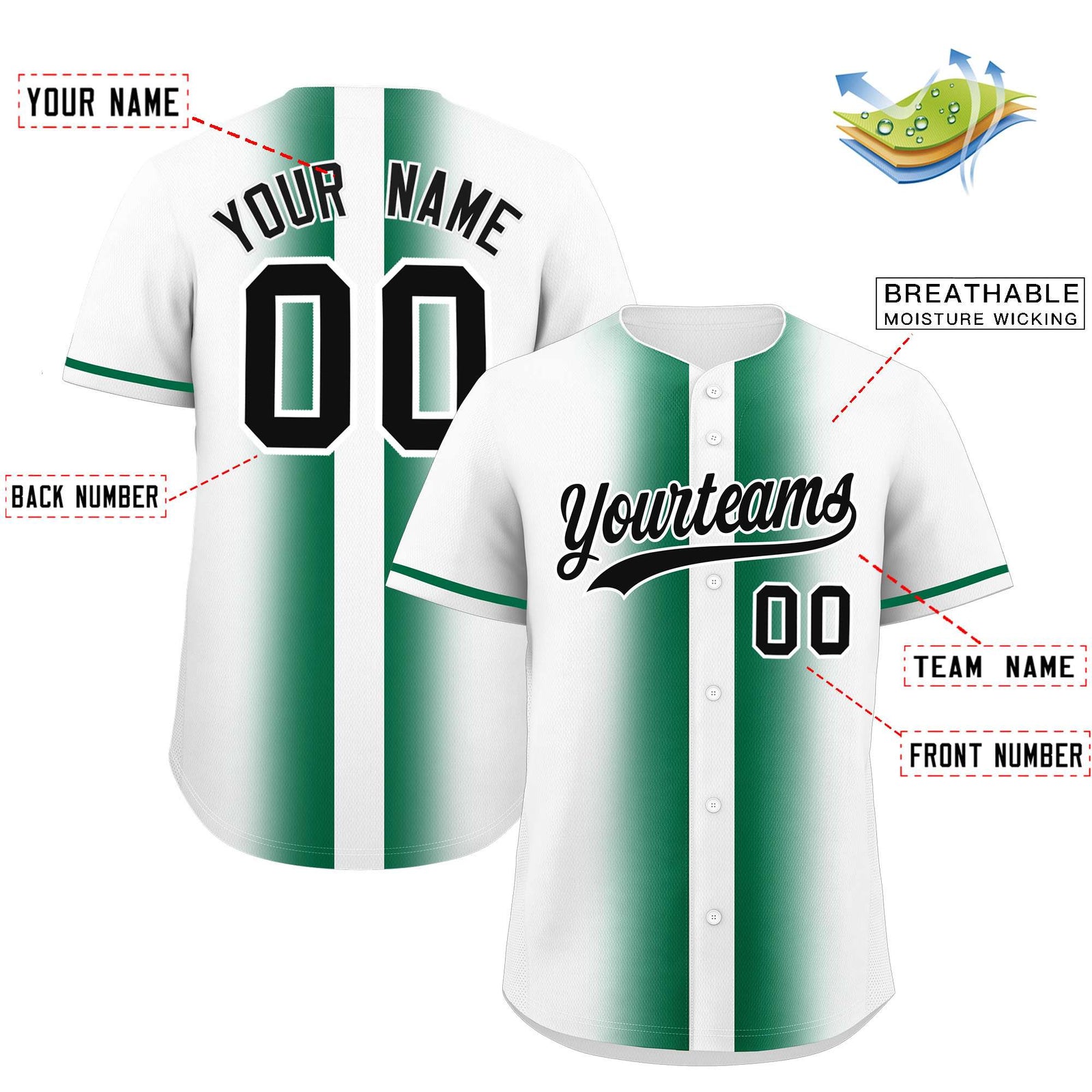 Custom White Kelly Green Lapel Gradient Fashion Authentic Baseball Jersey