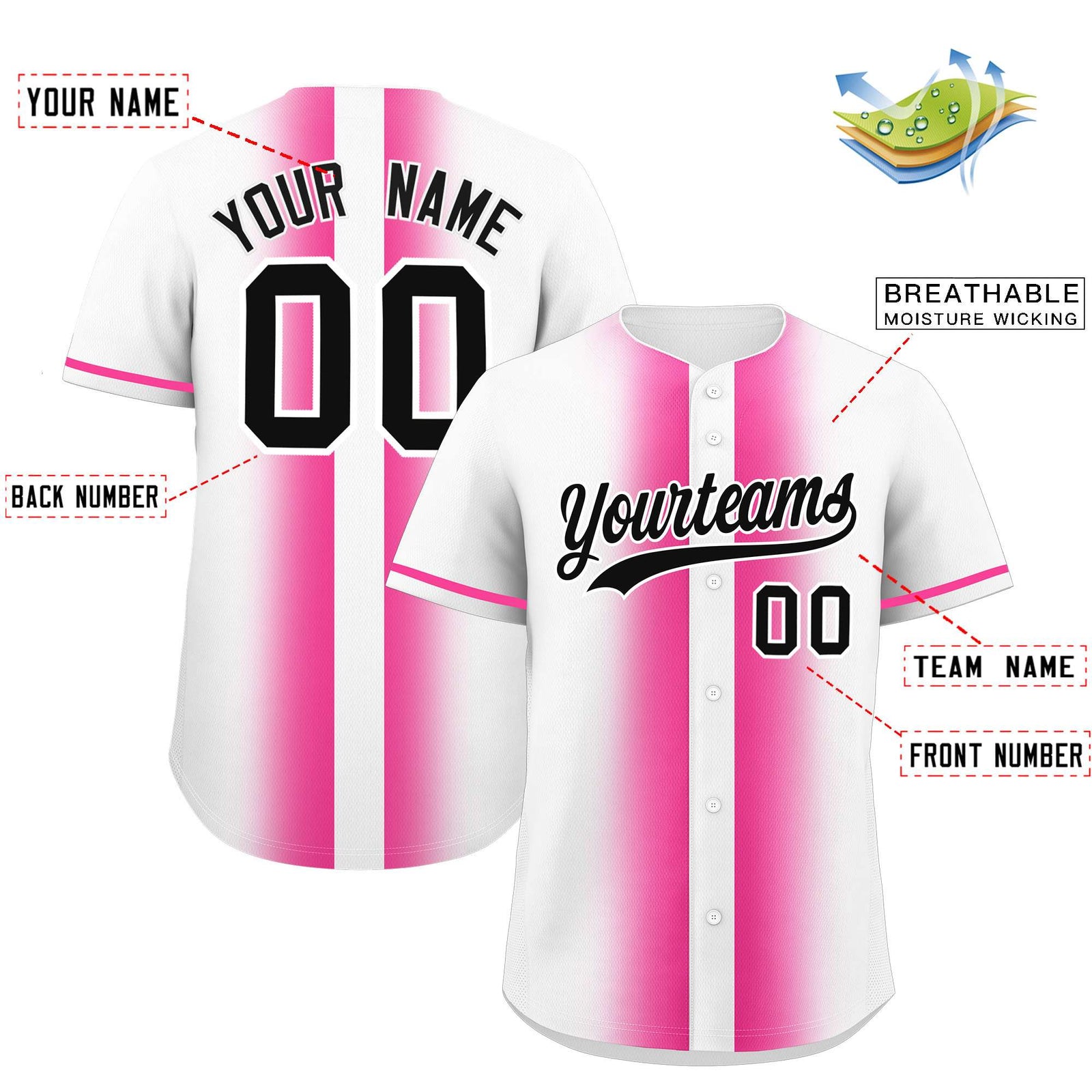 Custom White Pink Lapel Gradient Fashion Authentic Baseball Jersey