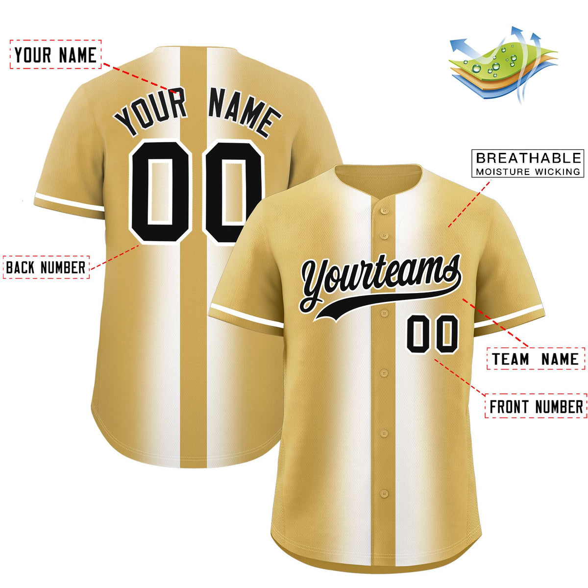 Custom Old Gold White Lapel Gradient Fashion Authentic Baseball Jersey
