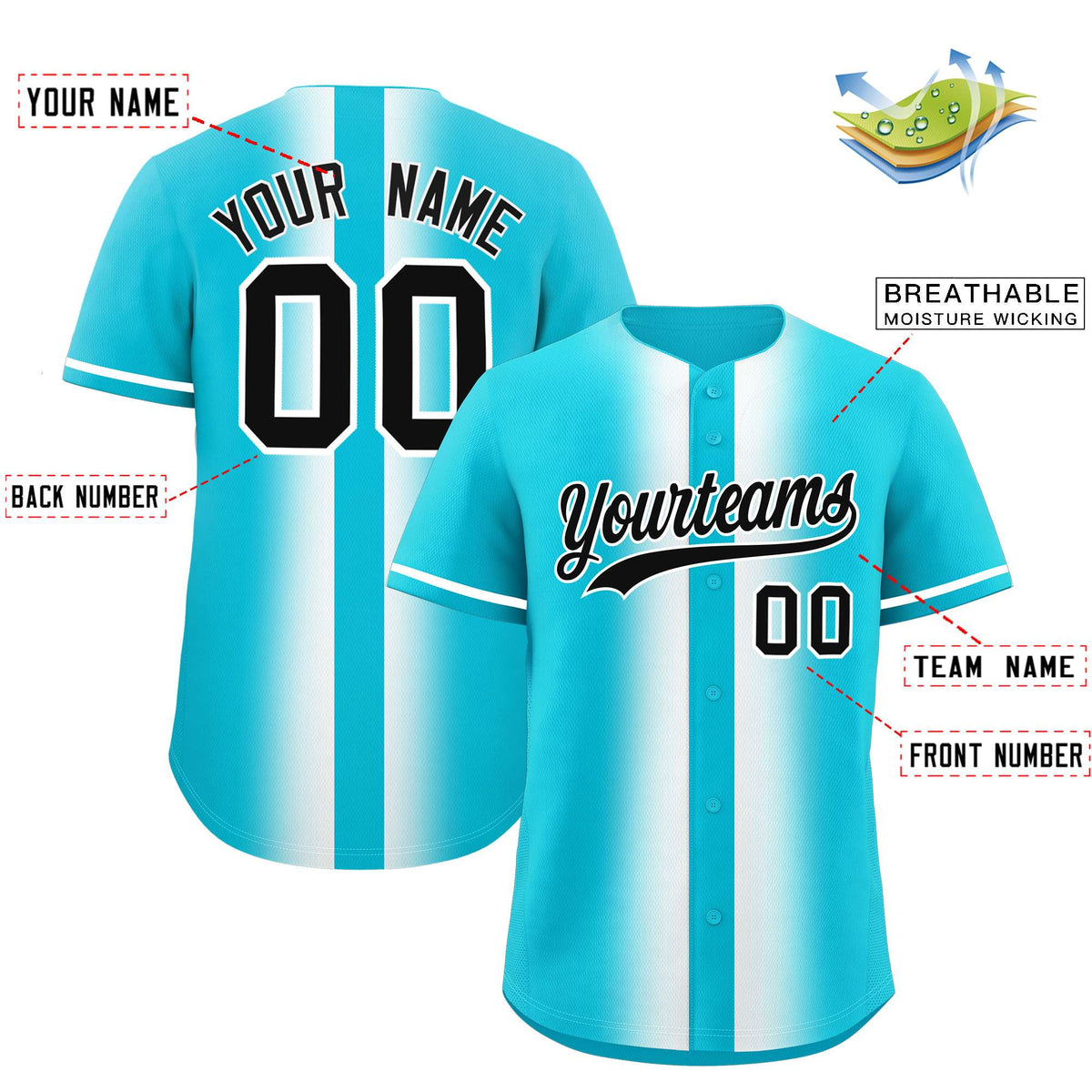 Custom Sky Blue White Lapel Gradient Fashion Authentic Baseball Jersey