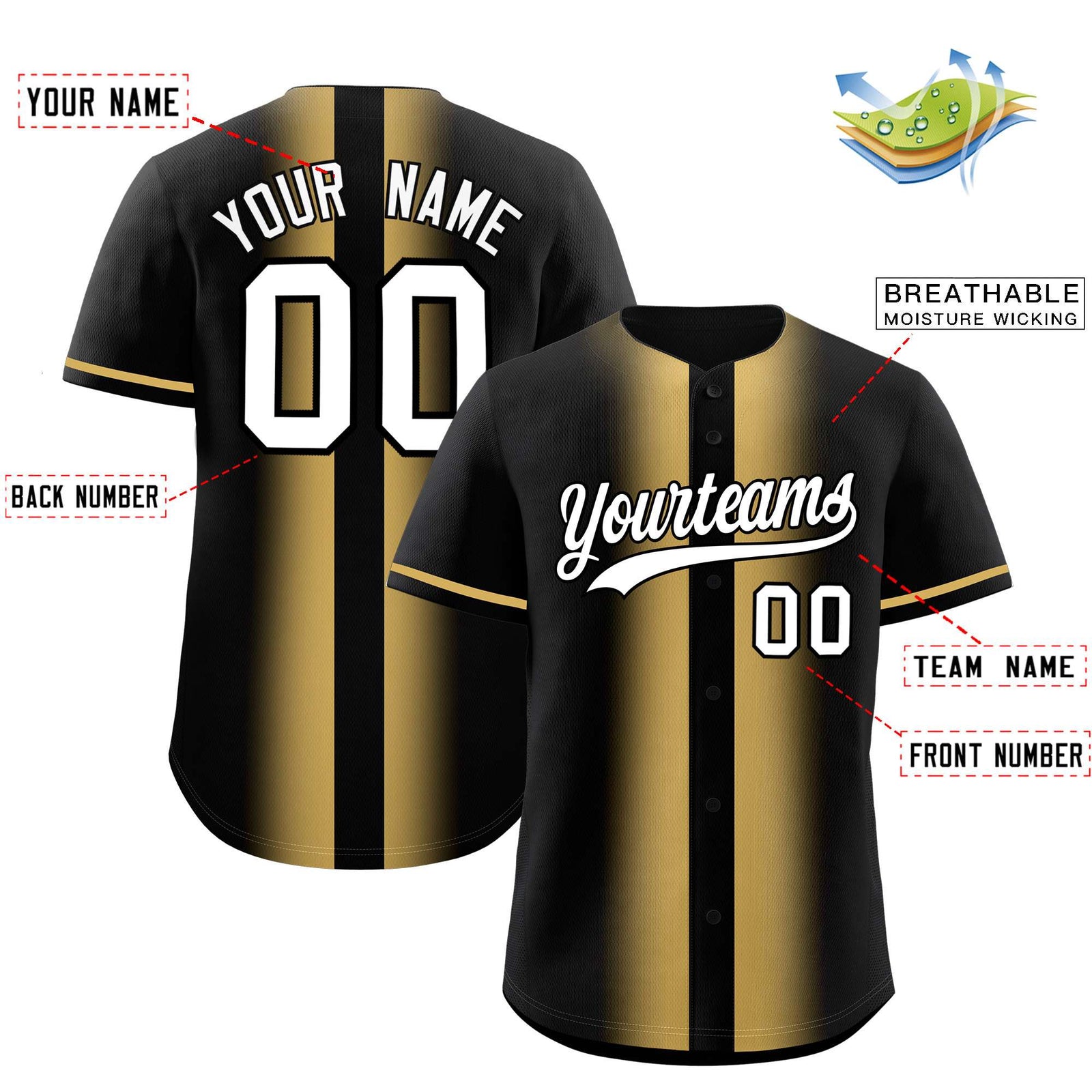 Custom Black Old Gold Lapel Gradient Fashion Authentic Baseball Jersey