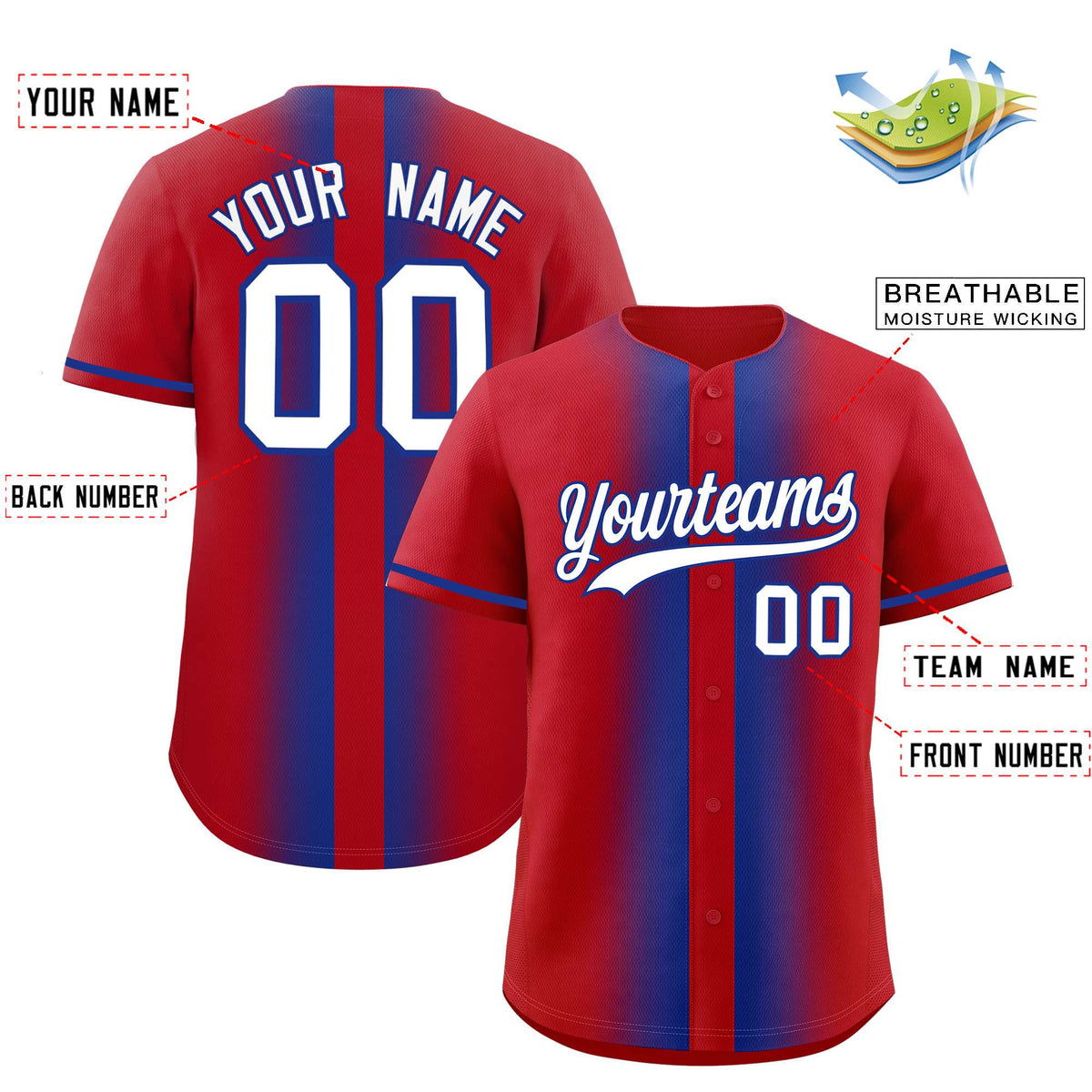 Custom Red Royal Lapel Gradient Fashion Authentic Baseball Jersey