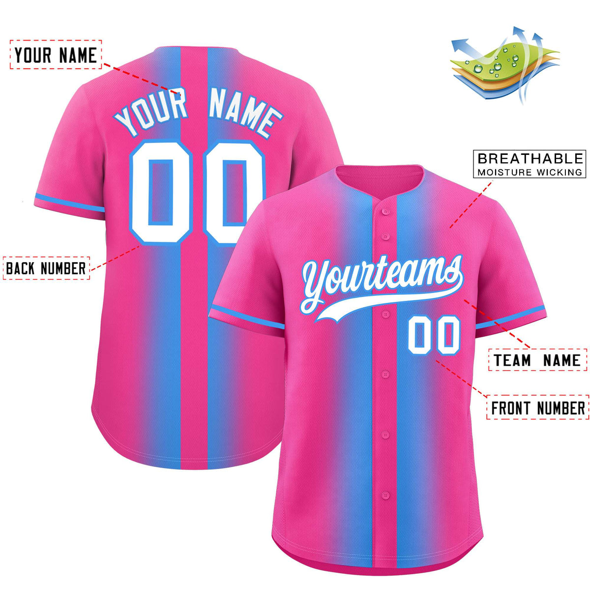 Custom Pink Powder Blue Lapel Gradient Fashion Authentic Baseball Jersey