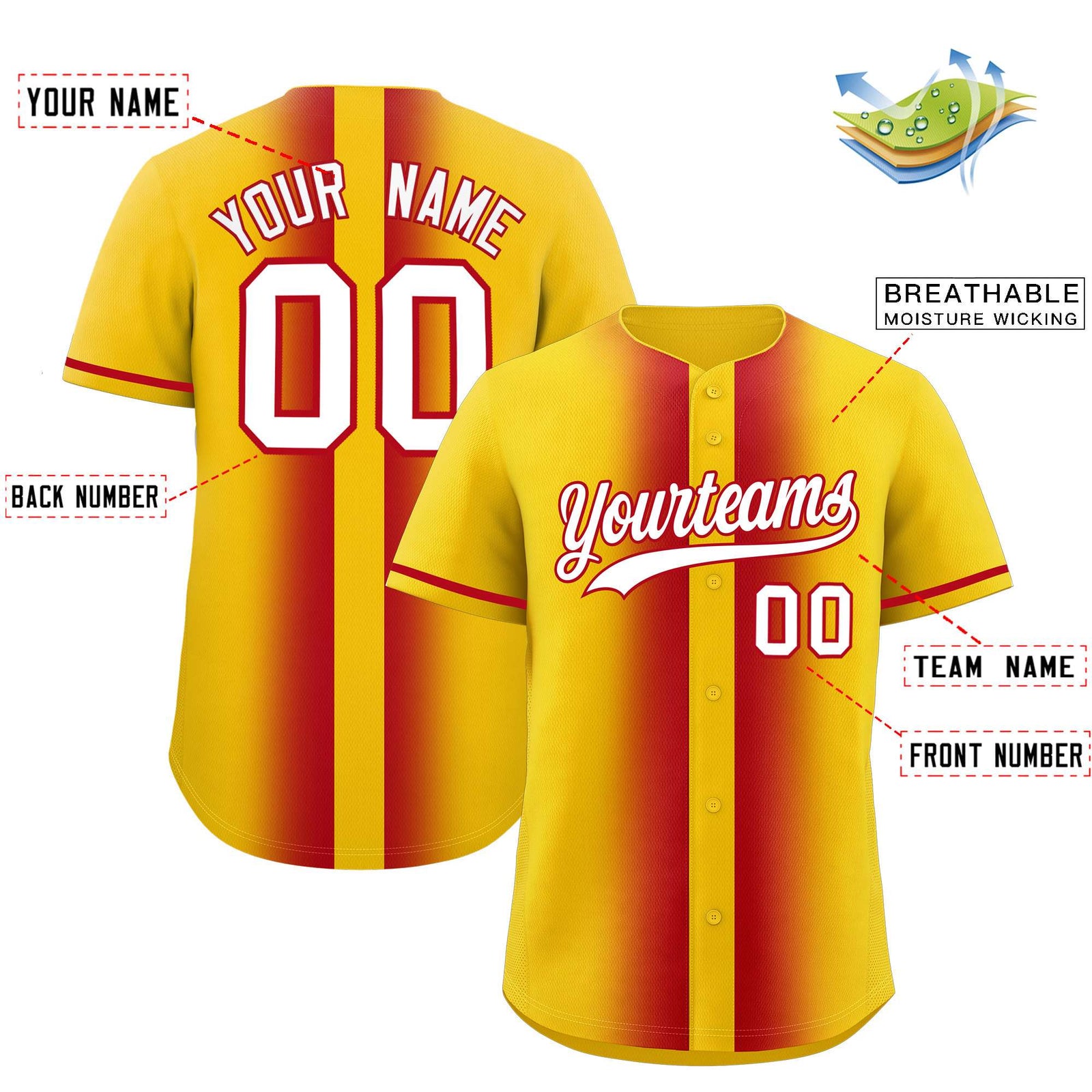 Custom Gold Red Lapel Gradient Fashion Authentic Baseball Jersey