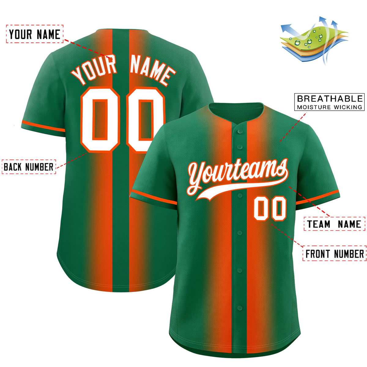 Custom Kelly Green Orange Lapel Gradient Fashion Authentic Baseball Jersey