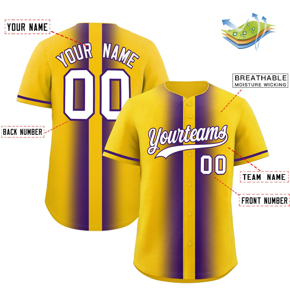 Custom Gold Purple Lapel Gradient Fashion Authentic Baseball Jersey