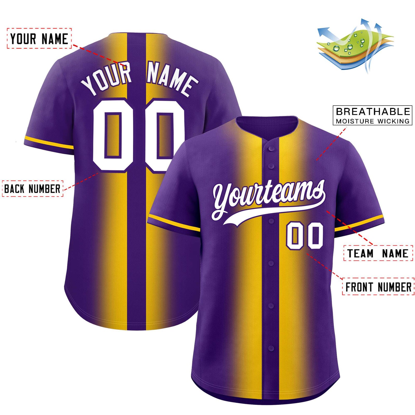 Custom Purple Gold Lapel Gradient Fashion Authentic Baseball Jersey