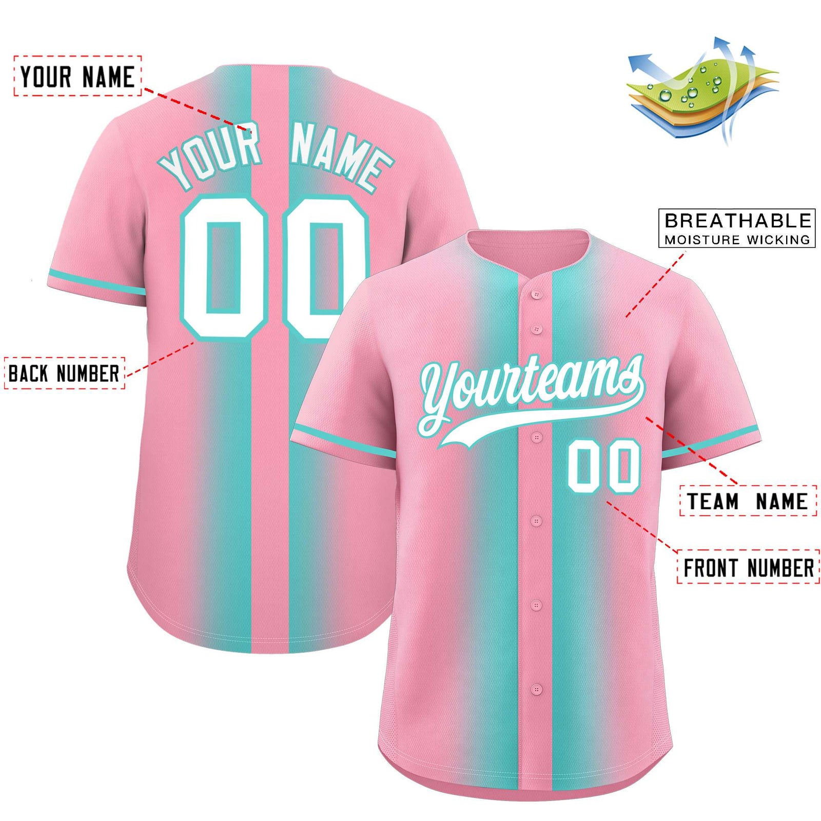 Custom Light Pink Bright Green Lapel Gradient Fashion Authentic Baseball Jersey