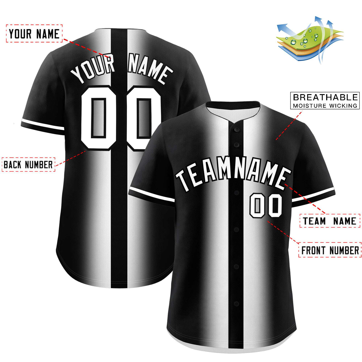 Custom Black White Lapel Gradient Fashion Authentic Baseball Jersey