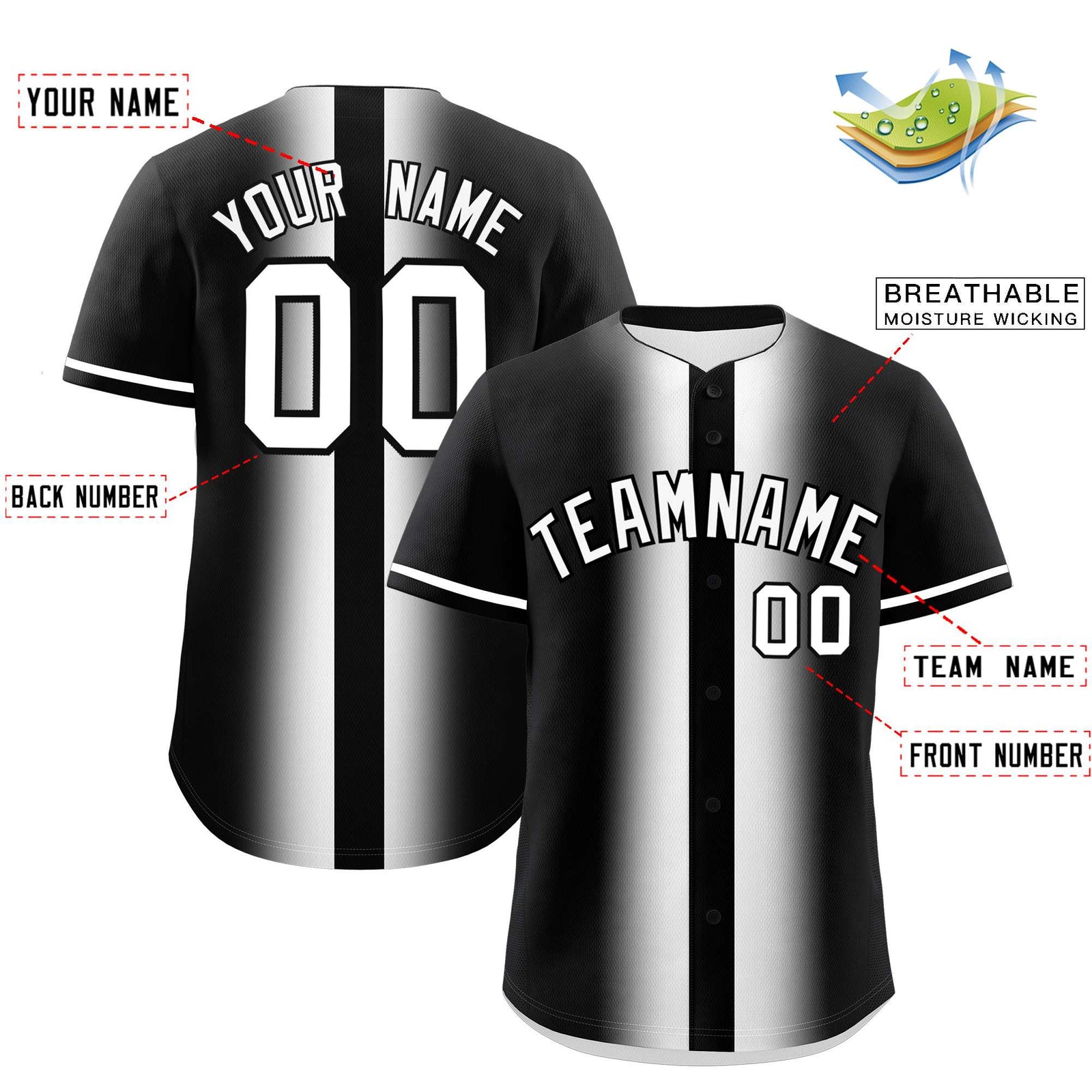 Custom Black White Lapel Gradient Fashion Authentic Baseball Jersey