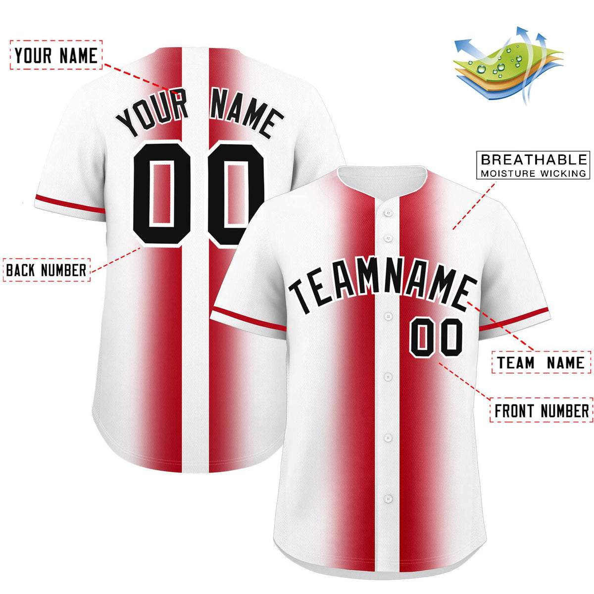 Custom White Red Lapel Gradient Fashion Authentic Baseball Jersey