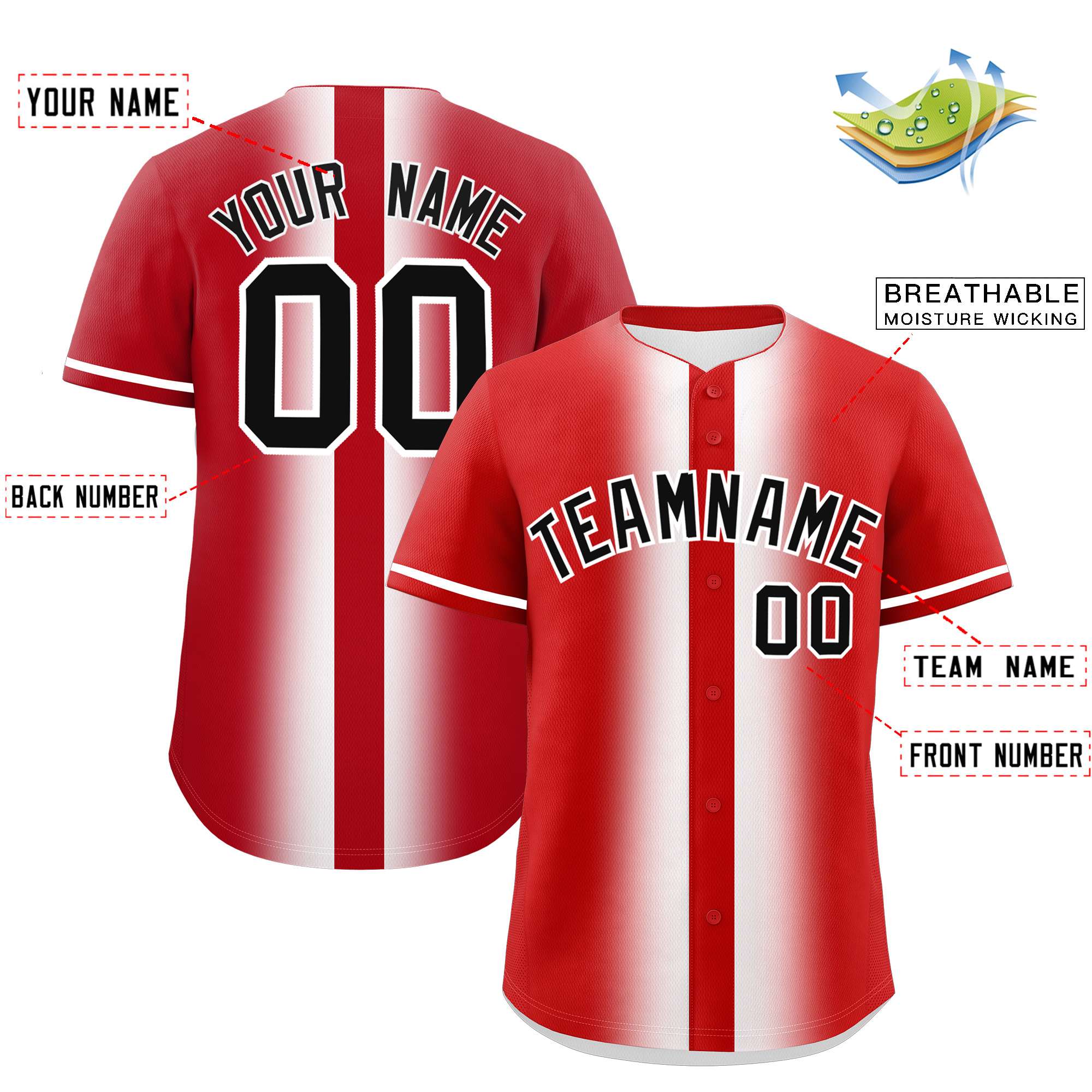 Custom Red White Lapel Gradient Fashion Authentic Baseball Jersey