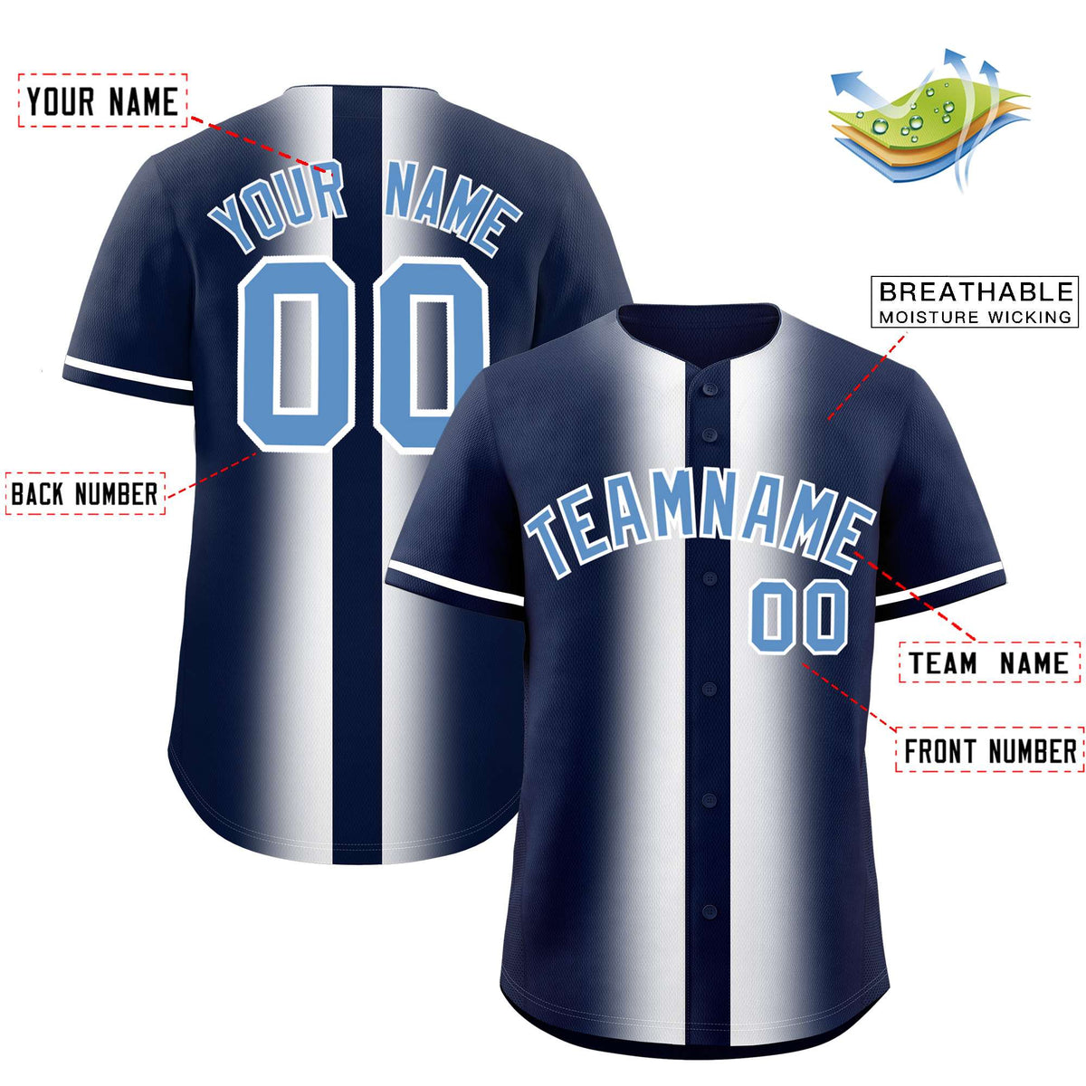 Custom Navy White Lapel Gradient Fashion Authentic Baseball Jersey