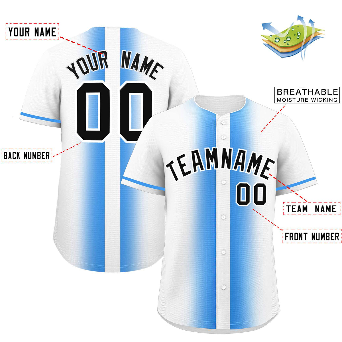 Custom White Powder Blue Lapel Gradient Fashion Authentic Baseball Jersey