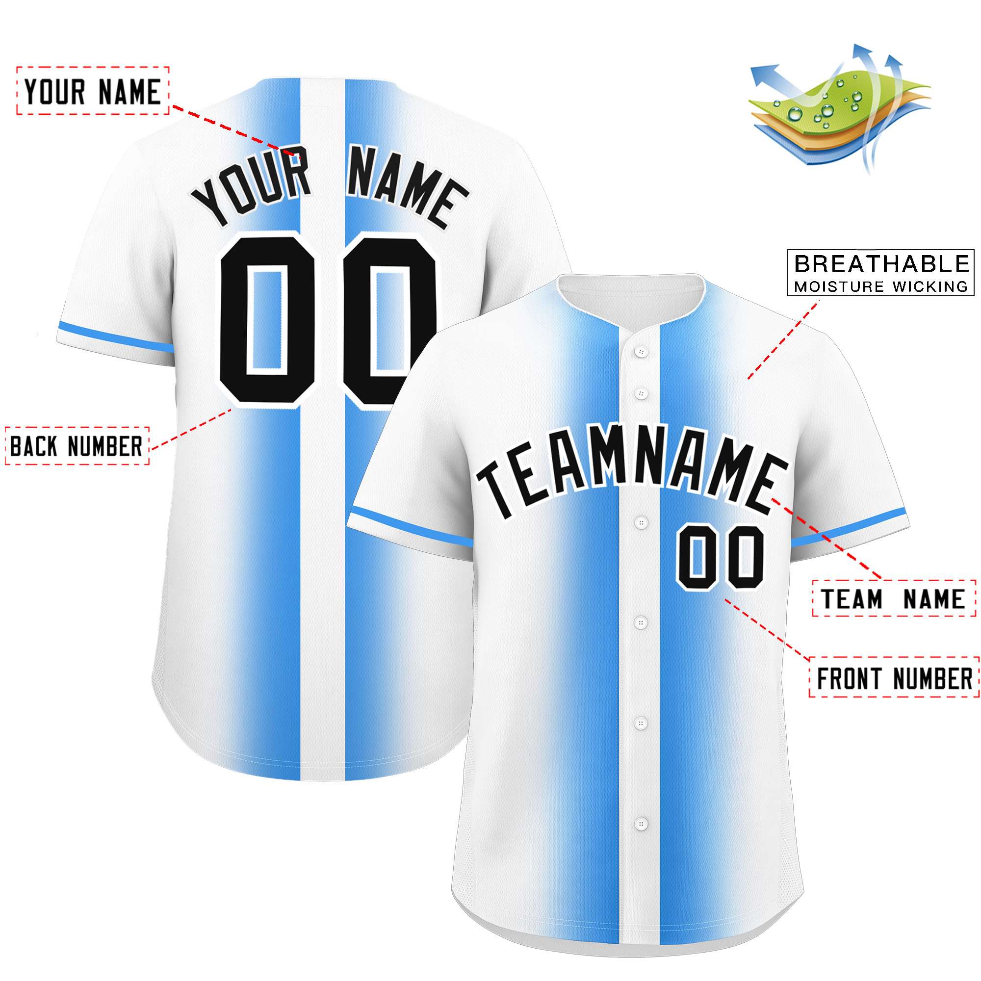 Custom White Powder Blue Lapel Gradient Fashion Authentic Baseball Jersey
