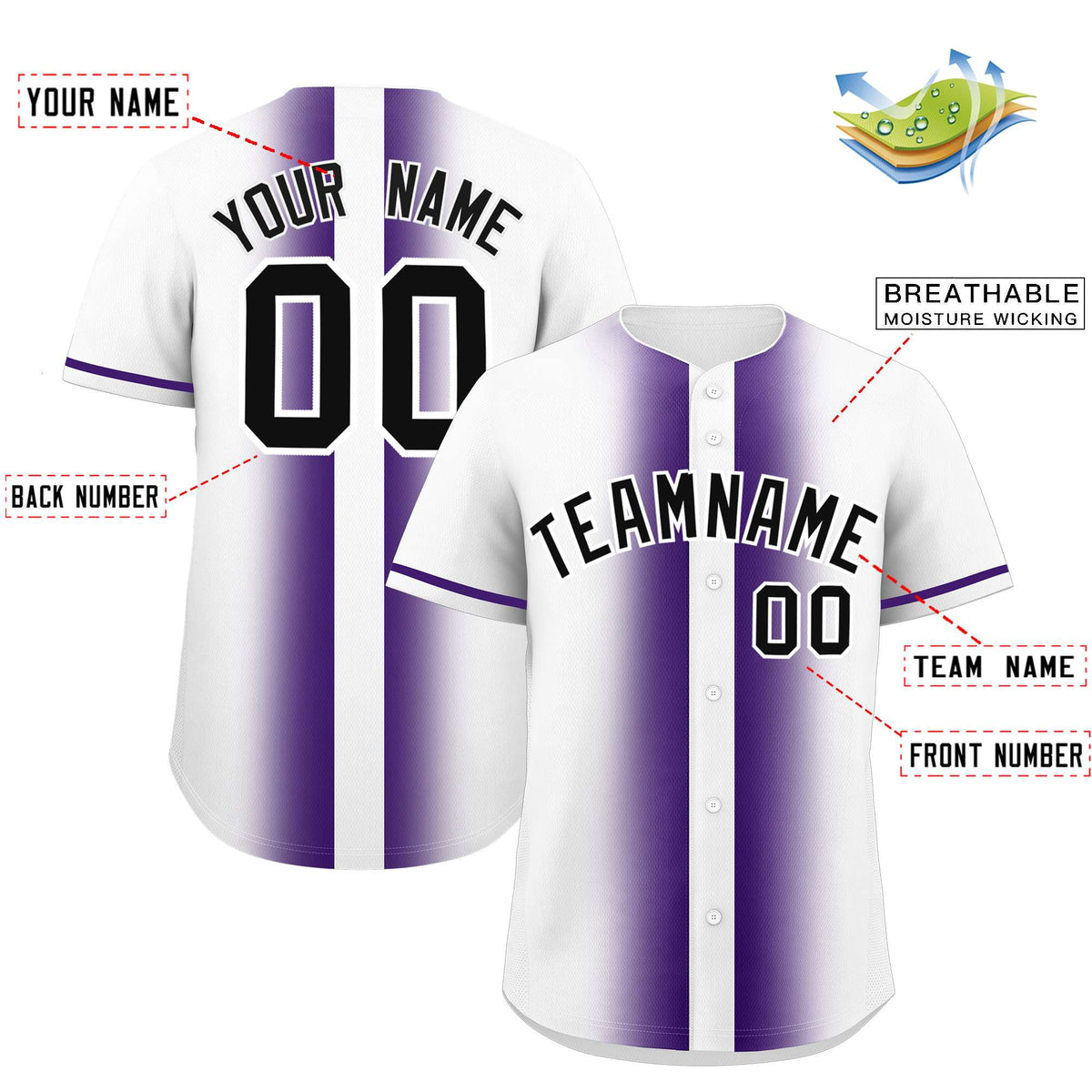 Custom White Purple Lapel Gradient Fashion Authentic Baseball Jersey