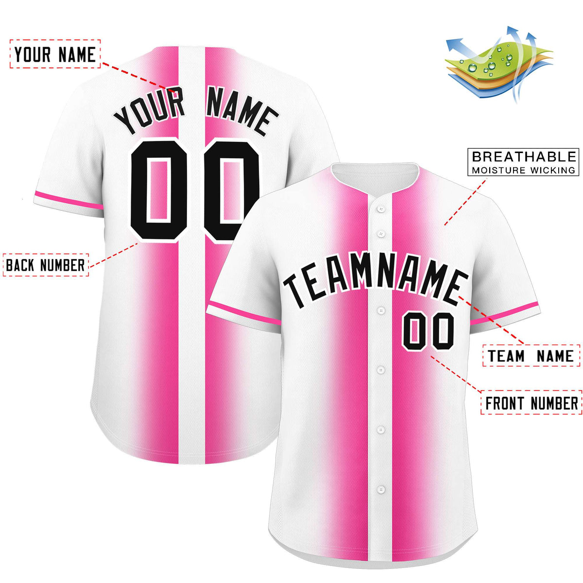 Custom White Pink Lapel Gradient Fashion Authentic Baseball Jersey