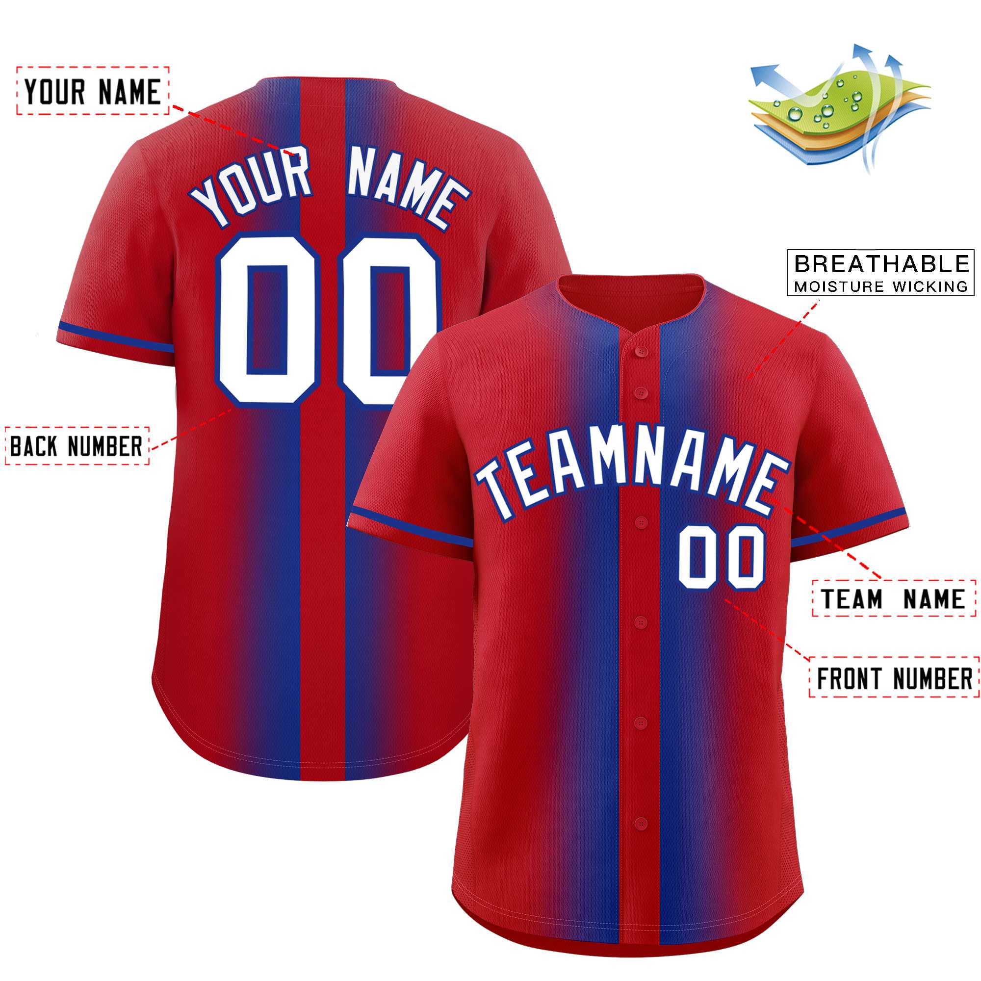 Custom Red Royal Lapel Gradient Fashion Authentic Baseball Jersey