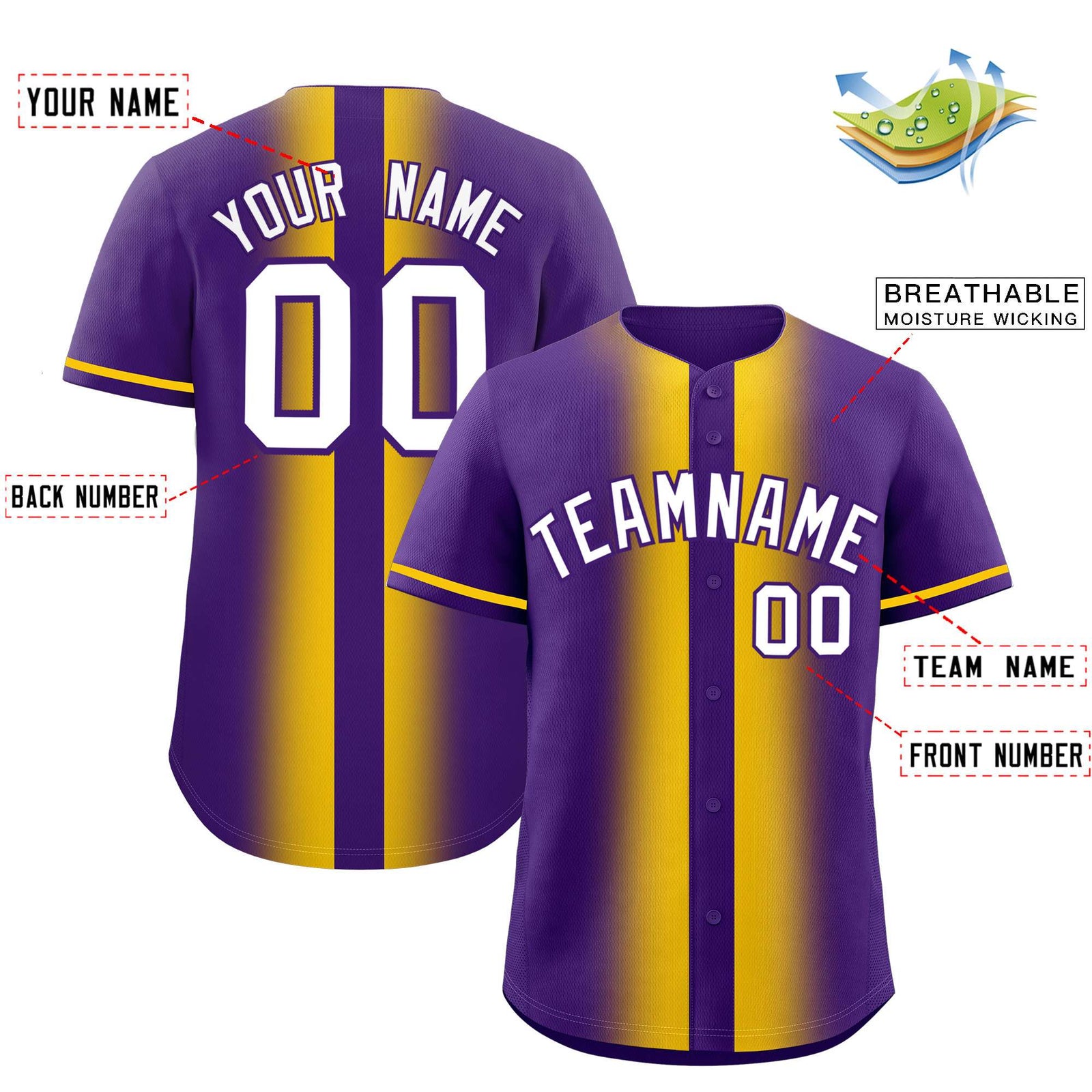 Custom Purple Gold Lapel Gradient Fashion Authentic Baseball Jersey