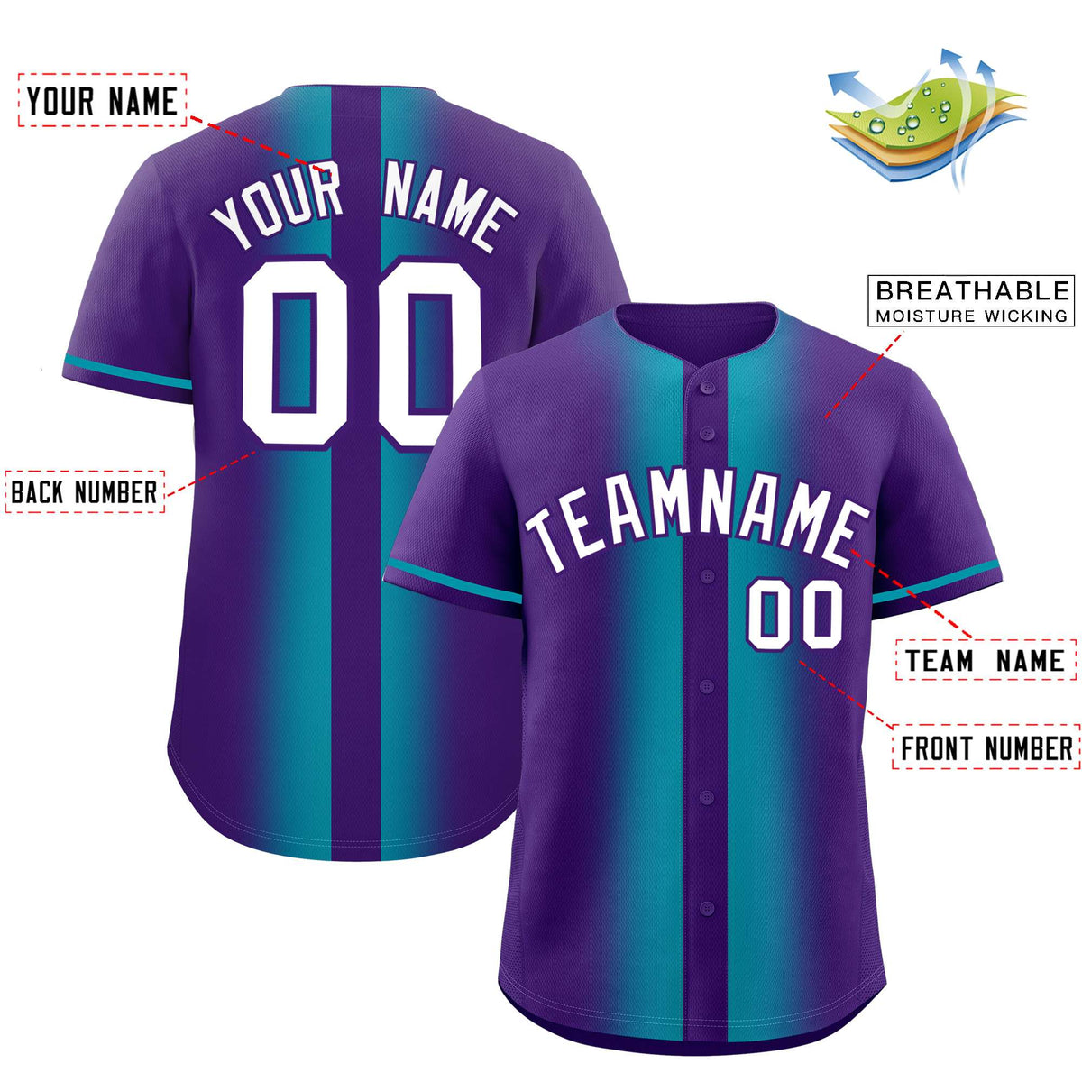 Custom Purple Aqua Lapel Gradient Fashion Authentic Baseball Jersey
