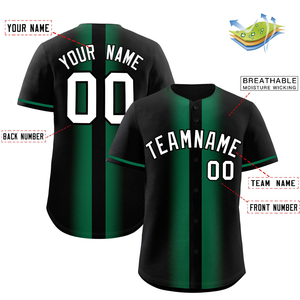 Custom Black Kelly Green Lapel Gradient Fashion Authentic Baseball Jersey